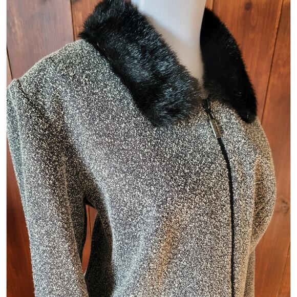 Women 14 Black & White Bouclé Blazer Faux Fur Collar Texture Tailored Whimsygoth - Picture 5 of 11